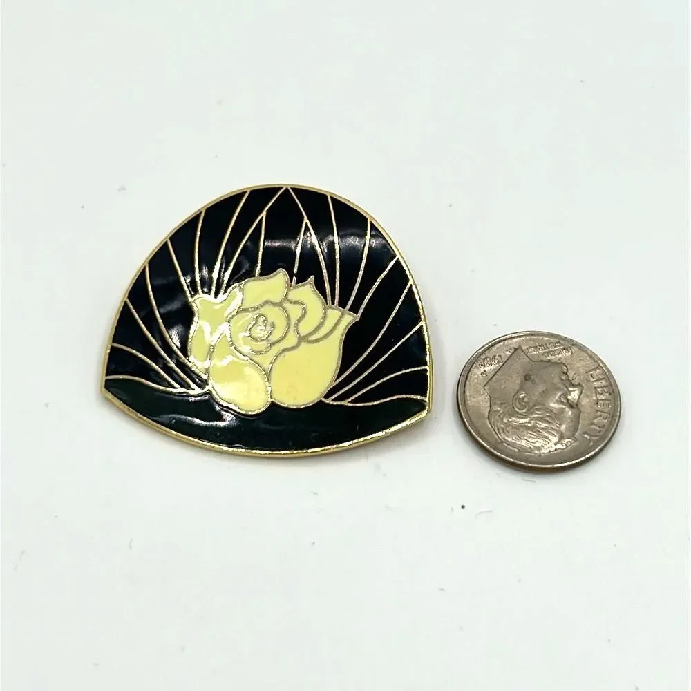 Vintage Signed Skye Black and Gold Tone Rose Enamel Brooch